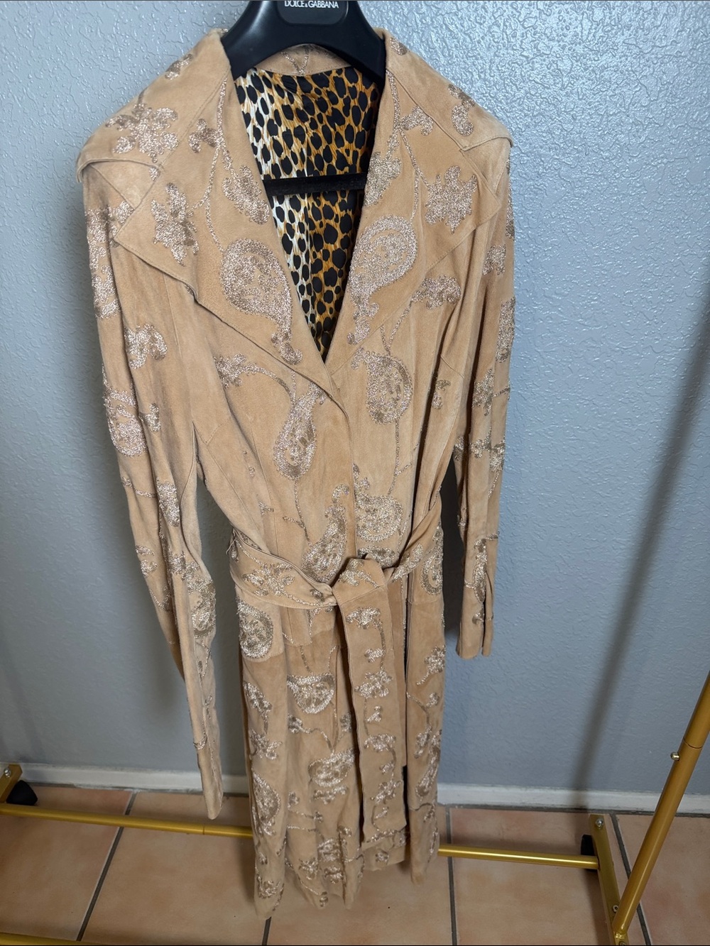 Dolce & Gabbana Leopard-Lined Tan Embroidered Trench Coat